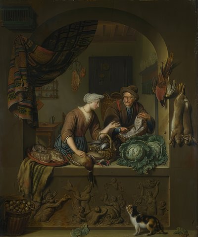 Žena a obchodník s rybami v kuchyni. 1713 od Willem Van Mieris
