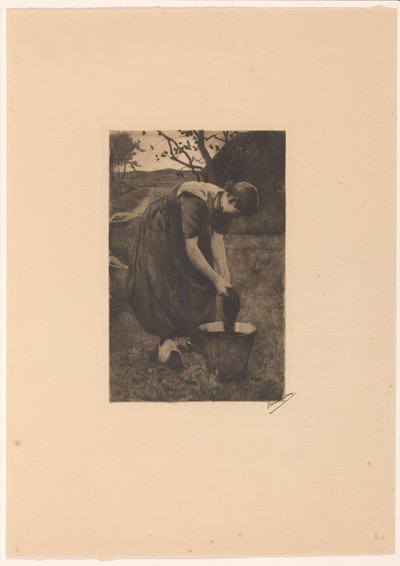 Farmář pere textilie v kbelíku od Willem Witsen (signed by artist)