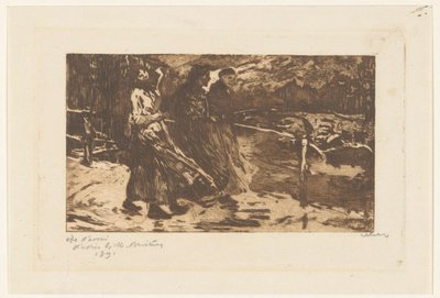 Tři ženy na mostě v dešti a větru od Willem Witsen (signed by artist)
