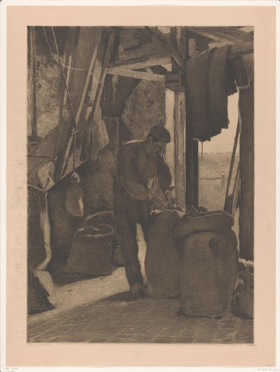Miller v mlýně na kukuřici Wijk bij Duurstede zavírá pytel Miller s otevřenými dveřmi (původní název) od Willem Witsen (signed by artist)
