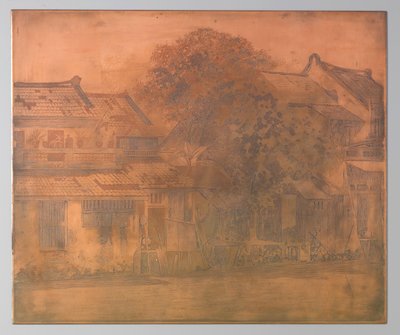 Batavia. Domy na kali se stromy mezi nimi od Willem Arnoldus Witsen