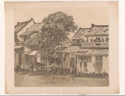 Pohled na domy na řece v Batavia Domy na kali. Stromy mezi domy, Batavia (původní název) od Willem Arnoldus Witsen