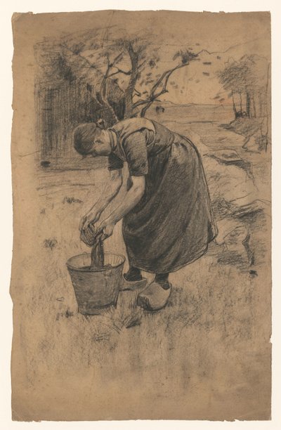 Žena máchá prádlo v kbelíku před farmou od Willem Arnoldus Witsen