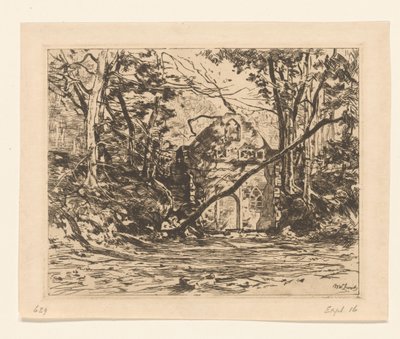Zřícenina v lese Ruina s vyvráceným stromem (Lage Vuursche) (původní název) od Willem de Zwart