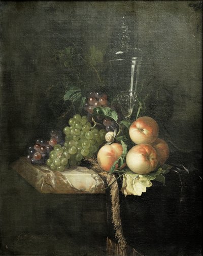 Hrozny, broskve a velká sklenice od Willem van Aelst
