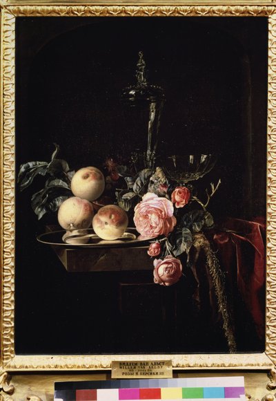 ""Zátiší růží a broskví"" (Růže a broskve) Obraz Willema van Aelsta (1625-cca 1683) 1659 Puškinovo muzeum, Moskva od Willem van Aelst