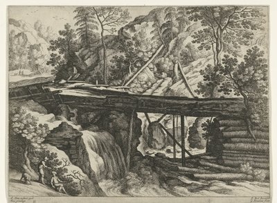 Horská krajina s dřevěným akvaduktem Italské krajiny (název série) od Willem van Nieulandt (II)