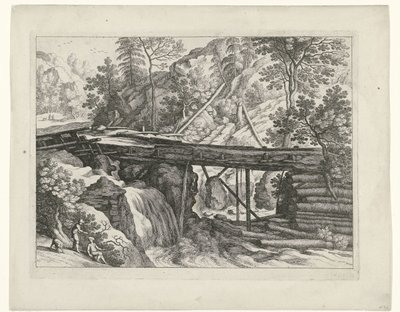 Horská krajina s dřevěným akvaduktem Italské krajiny (název série) od Willem van Nieulandt (II)
