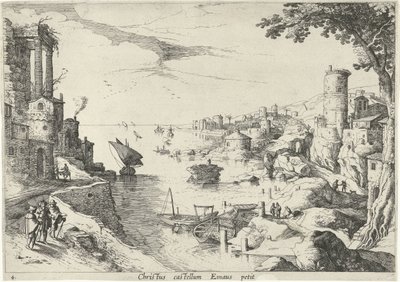 Krajina s Emauzskými cestovateli Christ castellum Emaus petit (titul na předmětu) Italské krajiny s biblickými scénami (název série) od Willem van Nieulandt (II)