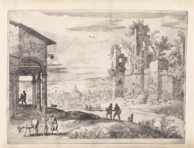 Krajina s milosrdným Samaritánem v hostinci Italské krajiny (název série) od Willem van Nieulandt (II)