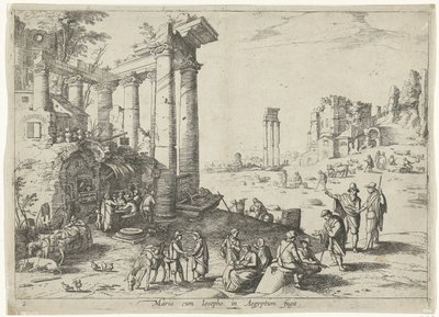 Krajina s útěkem do Egypta Maria cum Iosepho in Aegyptum fugit (titul na objektu) Italské krajiny s biblickými scénami (název série) od Willem van Nieulandt (II)