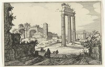 Chrám Castora a Polluxa a Konstantinova bazilika Římské ruiny a pobřežní krajiny (série 1) (název série) od Willem van Nieulandt (II)