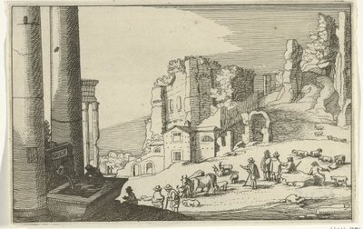 Dobytek mezi římskými ruinami Římské ruiny a pobřežní krajiny (série 1) (název série) od Willem van Nieulandt (II)