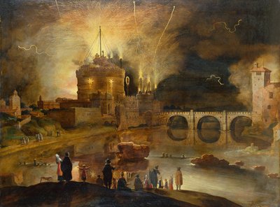 Castel Sant Angelo, Řím, s obyvateli města sledující noční ohňostroj (olej na panelu) od Willem van Nieulandt