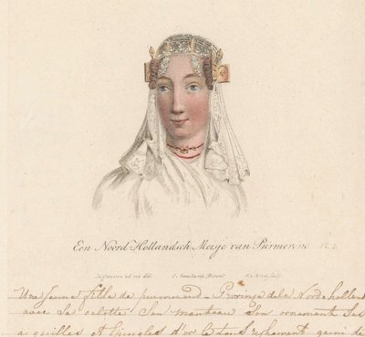 Čelenka dívky z Purmerendu, 1816 Dívka ze Severního Holandska z Purmerendu / Une Jeune fille de purmerend - Provincie dela Nord-hollande avec sa calotte son manteau son ornament ses aiguilles et epingles d
