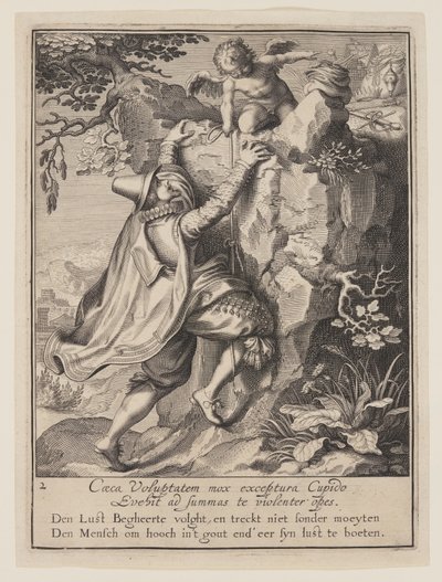 Mladík šplhající po svahu za pomoci Amora z Alegorie o zneužití světského majetku od Willem van Swanenburgh