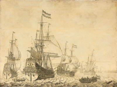 Přímořská krajina s nizozemskými válečnými muži včetně Drenthe a prince Fredericka-Henryho od Willem van de Velde (I)