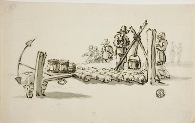 Muži s děly, sudy střelného prachu a kotvou od Willem van de Velde I