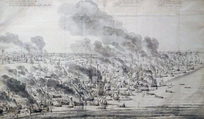 Robert Holmes zapálil nizozemskou flotilu v Terschellingu od Willem van de Velde the Elder