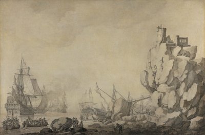 Lodě a milice skalním pobřeží od Willem van de Velde the Elder