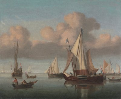 Kaag na kotvě se zvednutými plachtami a státní jachtou a dalšími plavidly od Willem van de Velde the Younger