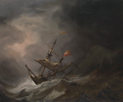 Středomořská brigantina plující za bouře na skalnaté pobřeží, asi 1700 (olej na plátně) od Willem van de Velde the Younger