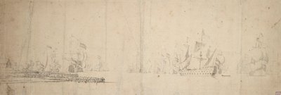 Nizozemská flotila vystupující z mola, asi 1665 (grafit, šedá barva) od Willem van de the Elder Velde