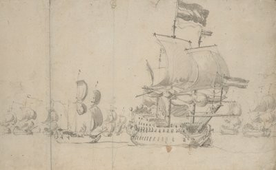 Holandská vlajková loď s expediční lodí na své čtvrti, květen 1672, asi 1672 (tužka, wash) od Willem van de the Elder Velde