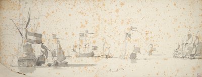 Státní jachta a holandské lodě na kotvách, asi 1664 (grafit, šedá barva) od Willem van de the Elder Velde