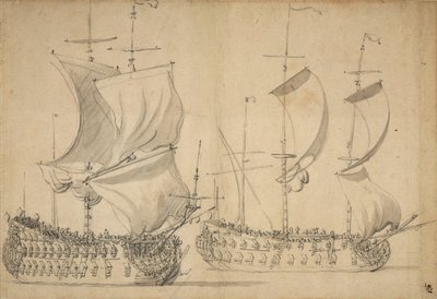 Anglická třetí a čtvrtá třída pod lehkou plachtou, asi 1677 (tužka, wash) od Willem van de the Elder Velde
