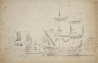 Anglický dvoupodlažník pod lehkými plachtami, asi 1675 (tužka, wash) od Willem van de the Elder Velde