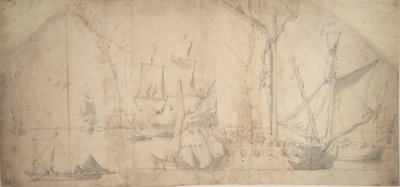 Anglická jachta na kotvě, která svinuje plachtu od Willem van de the Elder Velde