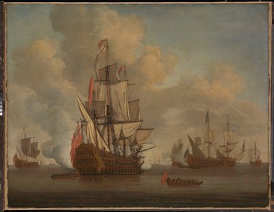 Klid: anglický dvoupodlažník s uvolněnými plachtami střílí salvu od Willem van de the Elder Velde