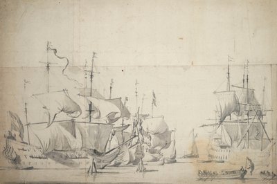 Holandské bojové lodě sušící plachty, asi 1658 (grafit, šedá barva) od Willem van de the Elder Velde