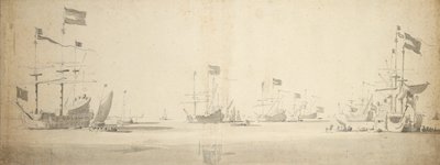 Nizozemské vlajkové lodě na kotvách s loděmi podél břehů, asi 1664 (grafit, šedá barva) od Willem van de the Elder Velde