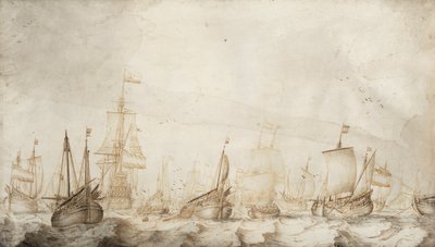 Nizozemská plavidla lovící sledě obecného v Severním moři. Kresba tuší a lavírováním (27,4 × 47,6 cm), William van de Velde starší (asi 1611-1693), kolem roku 1650. od Willem van de the Elder Velde