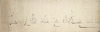 Nizozemské lodě kotvící u pevniny, asi 1664 (grafit, šedá barva) od Willem van de the Elder Velde