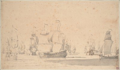Anglické lodě, keč a galliot v mírném větru, červen 1673, asi 1673 (tužka, wash, pero, hnědá tuš) od Willem van de the Elder Velde