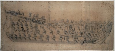 Portrét lodi "London" postavené v roce 1670, prvotřídní lodi s 96 děly. Kresba a tempera kolem roku 1676, autor Willem van de Velde l