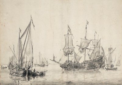 Plachetnice a holandská fregata sušící plachty. Kresba a wash (26x37 cm), William van de Velde l