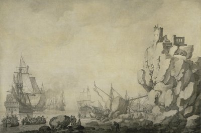 Lodě a milice u skalnatého pobřeží, cca 1680 (pero a inkoust na připraveném plátně) od Willem van de the Elder Velde