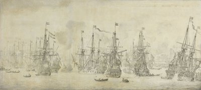 Neúspěšný útok Angličanů na loďstvo v přístavu Bergen od Willem van de the Elder Velde