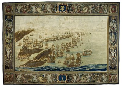 Tapiserie Mortlake (Londýn, Anglie) zobrazuje požár lodi Royal James během bitvy u Solebay 28. května. od Willem van de the Elder Velde