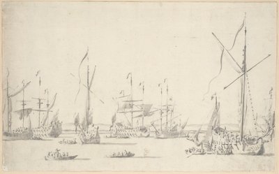 Jachty a lodě kotvící poblíž Sheernessu, asi 1677 (grafit, šedý wash) od Willem van de the Elder Velde
