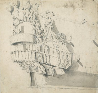 Záď lodi Hampton Court, asi 1685 (grafit, šedá barva) od Willem van de the Elder Velde