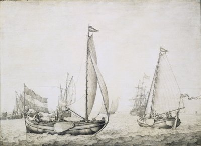 Dvě holandské lodě na začátku, pravděpodobně v přístavu Amsterdam (Holandsko). Grisaille na dřevě, kolem roku 1660, autor Willem van de Velde (1611-1693). od Willem van de the Elder Velde