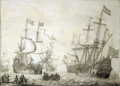 Dvě obchodní lodě Nizozemské východoindické společnosti opouštějí břeh za klidného větru. Grisaille na dřevě od Willem van de the Elder Velde