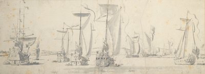 Návštěva Karla II. na lodi "Tiger" ve Woolwichi: Jachty v zákrutu řeky od Willem van de the Elder Velde