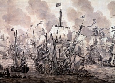 bitva o Sound mezi nizozemským a švédským loďstvem, 8. listopadu 1658. Detail - olejomalba od Willem van de the Elder Velde