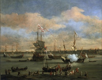 Britská obchodní loď v přístavu ve Středozemním moři. Olej na plátně od Willem van de Velde the Younger